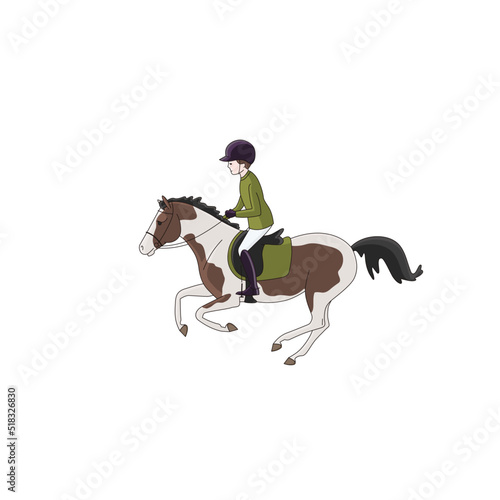 A boy rides a beautiful piebald pony