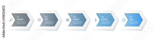 5 Steps arrow infographic with icons. Colorful gradient grey blue step arrow.