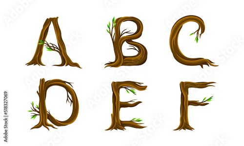 Forest woody alphabet. A,B,C,D,E,F letters made of bent tree branches vector illustration