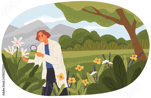 Woman exploring nature, analyzing plants. Researcher looking at flower with loupe. Environmental and ecology research. Scientist conducts ecological experiment. Explorer works in forest or park