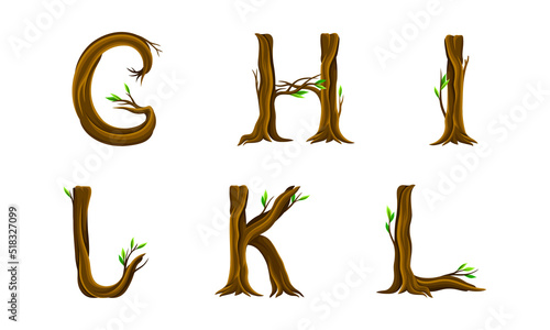 Forest woody alphabet. G,H,I,J,K,L letters made of bent tree branches vector illustration