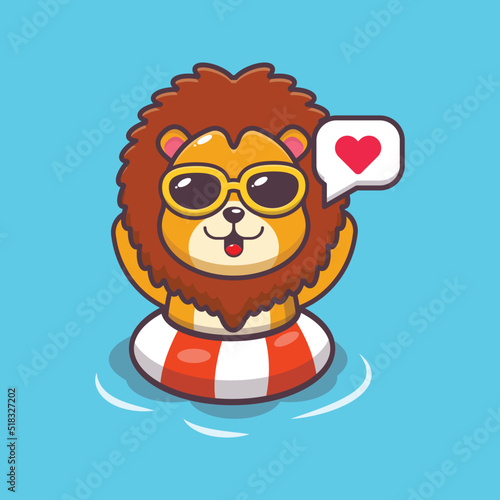 Cute lion cartoon mascot character swim in beach on buoy