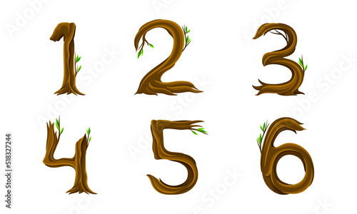 Forest woody numbers collection. 1,2,3,4,5,6 numerals made of bent tree branches vector illustration