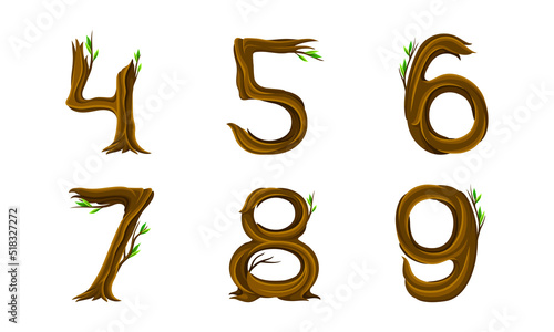 Forest woody numbers collection. 4,5,6,7,8,9 numerals made of bent tree branches vector illustration
