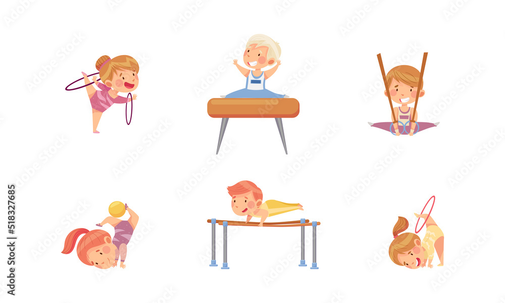 Kids doing rhythmic and sports gymnastics set. Boys and girls