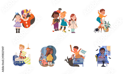Kids fears and phobias set. Children afraid of monsters, clowns, spider and bullying vector illustration