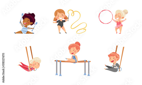 Kids doing rhythmic and sports gymnastics set. Boys and girls exercising with hula hoop, parallel bars and gymnastic rings vector illustration