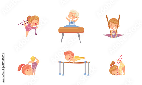 Kids doing rhythmic and sports gymnastics set. Boys and girls exercising with hula hoop, parallel bars, gymnastic rings and pommel horse vector illustration