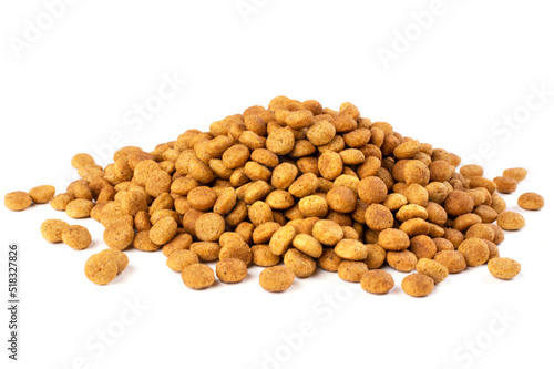 A handful (pile) of dry cat (dog) food on a white isolated background. Balanced nutrition, pet feeding. Template for the design.