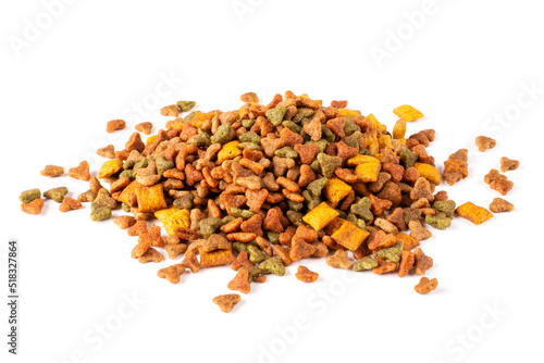 A handful (pile) of dry cat food on a white isolated background. Template for the design. Balanced nutrition, pet feeding.