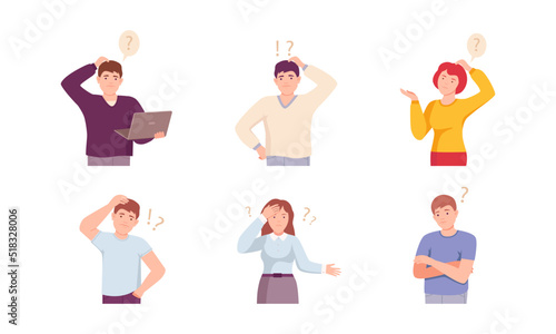 Young men and women thinking with question marks over their heads set. People wondering, planning or pondering vector illustratio