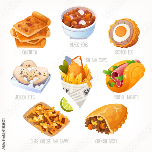 Collection of classic traditional British street foods with names. Fast food to go for lunch, snack and dinner. Popular english meals. Isolated vector images, tasty menu illustrations.