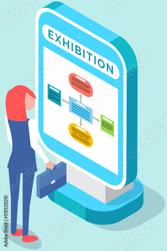 Expo center and trade show exhibition product display stand. Woman at promo trade exposition demo counter and showcase booth racks or information desks, visitor near advertising poster with pointers