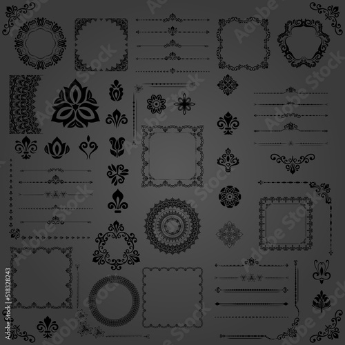 Vintage set of horizontal, square and round black elements. Black elements for backgrounds, frames and monograms. Classic patterns. Set of vintage patterns