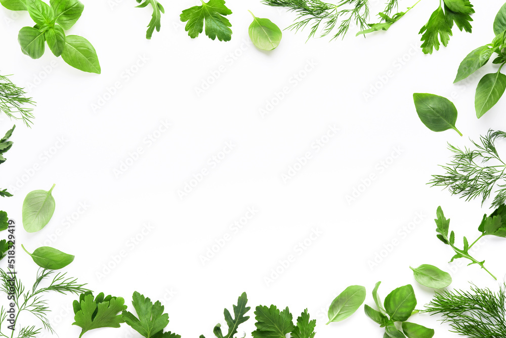 Fresh green herbs. Frame of fresh basil, dill, sage, parsley, arugula on white background. Healthy food. Top view. Mock up. Copy space. Fresh green herbs. Frame of fresh basil, dill, sage, parsley, arugula on white background. Healthy food. Top view. Mock up. Copy space.