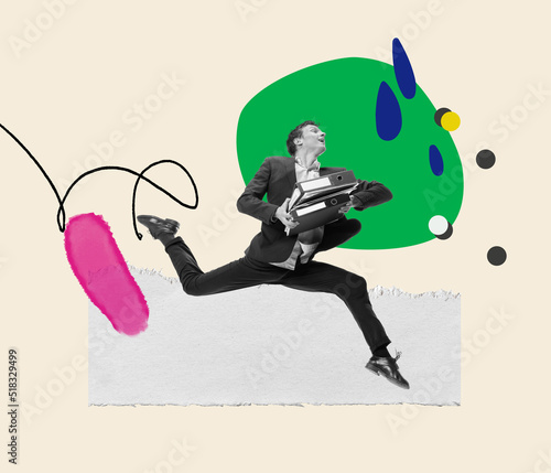 Contemporary art collage. Businessman holding bunch of folders being late at meeting. Ballet movements
