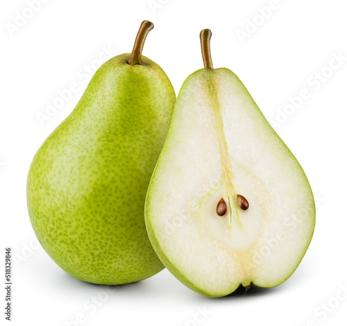 Pears isolated. One and a half green pear fruit on white background. Pear slice. With clipping path. Full depth of field.
