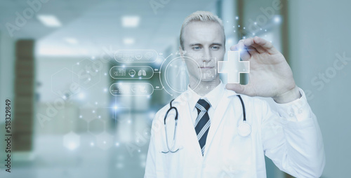 Metaverse Technology concepts.Doctor holding white cross with health care icon on virtual interface network Health care, science, medical technology and health services modern in the future world

 photo