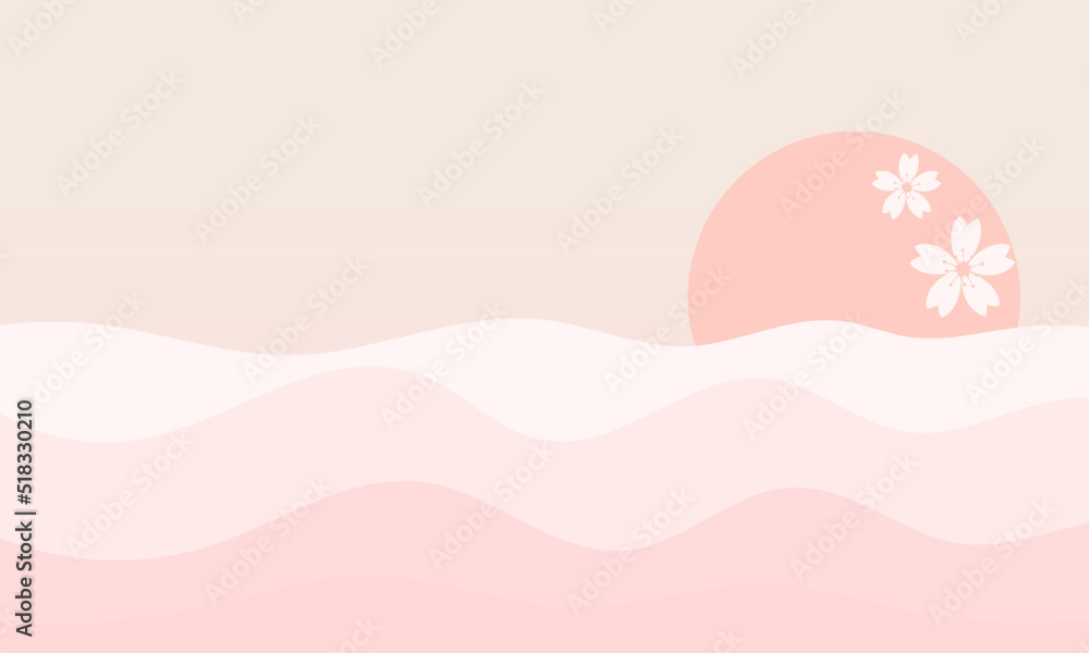 Asian wallpaper with sun set, cherry blossom Sakura flower and pink wave vector illustration. Asian wallpaper with sun set, cherry blossom Sakura flower and pink wave vector illustration.