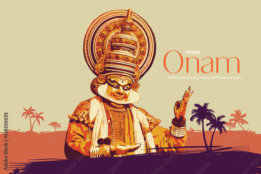 Illustration Of Colorful Kathakali Dancer On Background For Happy Onam Festival Of South India 9990