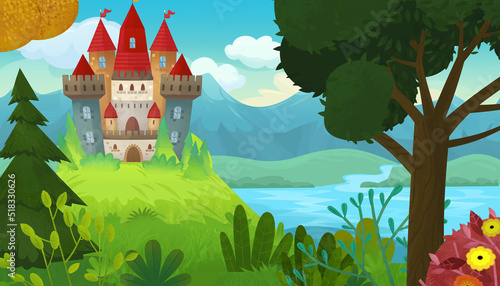 Cartoon scene beautiful castle near forest illustration