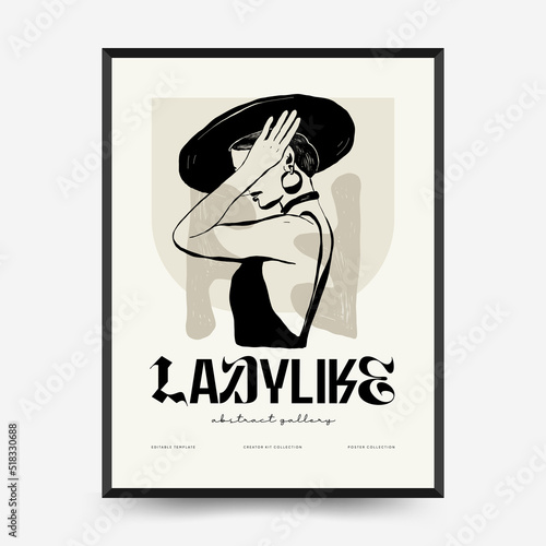 Abstract minimalist aesthetic women with thin lines, floral patterns, plants, woman. Trendy colorful poster template. Vintage boho style.