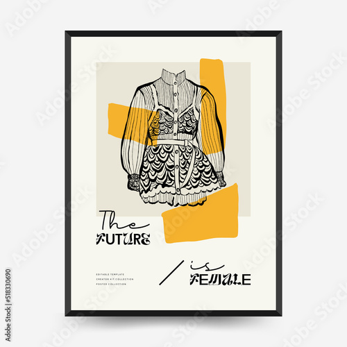 Abstract minimalist aesthetic women with thin lines, floral patterns, plants, woman. Trendy colorful poster template. Vintage boho style.