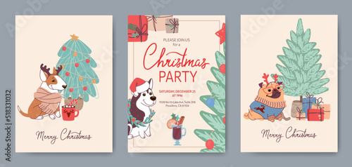 Set of Christmas cards with cute dogs of different breeds. Vector greeting cards and party invitation in flat style. Cartoon characters bull terrier, husky and pug in festive costumes. Lettering Xmas