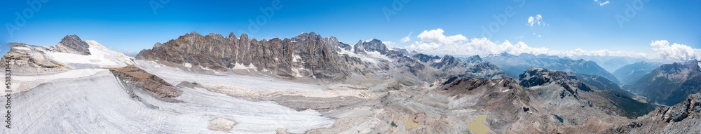 Panoramic aerial view of the Bernina group and glacier seen from Refuge Scerscen in Valmalenco, Italy, July 2022