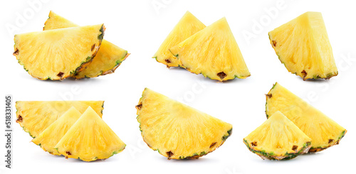 Pineapple slice isolated. Pineapple slices collection on white background. Fresh pineapples set. Full depth of field.