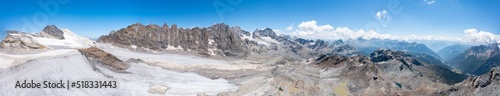 Panoramic aerial view of the Bernina group and glacier seen from Refuge Scerscen in Valmalenco  Italy  July 2022