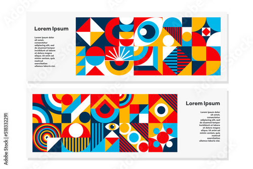 Bauhaus flyer set minimal 20s geometric style with geometry figures and shapes circle, triangle. square. Human psychology and mental health concept illustration. Vector 10 eps