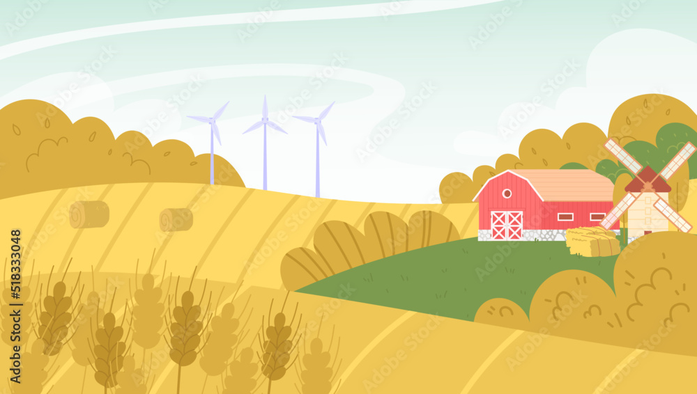 Autumn landscape. Flat vector illustration with wheat fields, farm and windmill. Concept of the countryside.