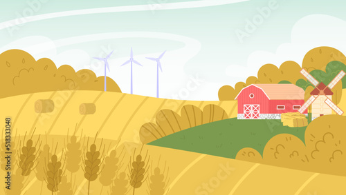 Autumn landscape. Flat vector illustration with wheat fields  farm and windmill. Concept of the countryside.