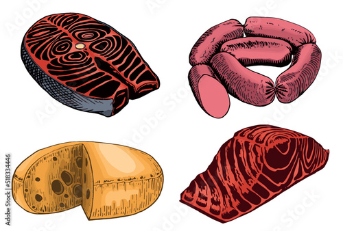 Butchery and dairy shop products isolated on white, vector set of fish,cheese and sausages