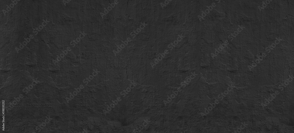 Fototapeta premium Black painted old concrete wall wide texture. Dark rough textured cement surface. Abstract gloomy grunge widescreen background