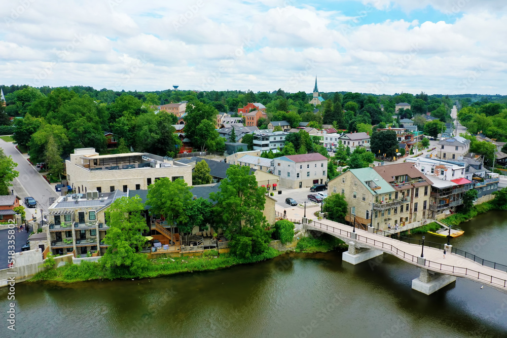 Aerial of downtown Elora, Ontario, Canada
