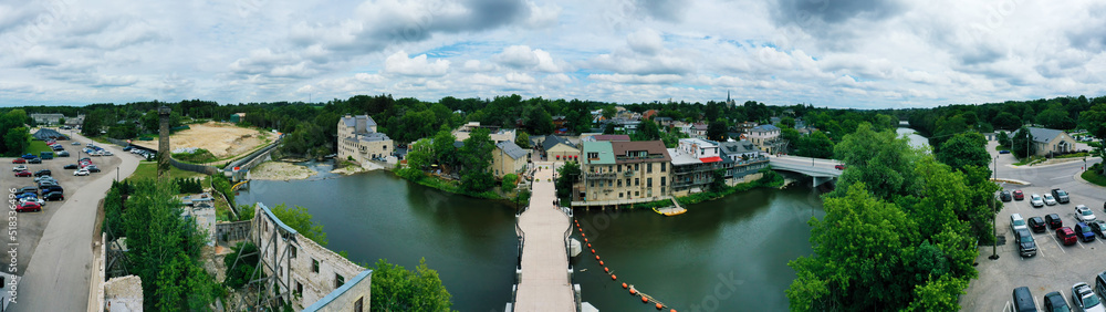 Fototapeta premium Aerial panorama view of Elora, Ontario, Canada