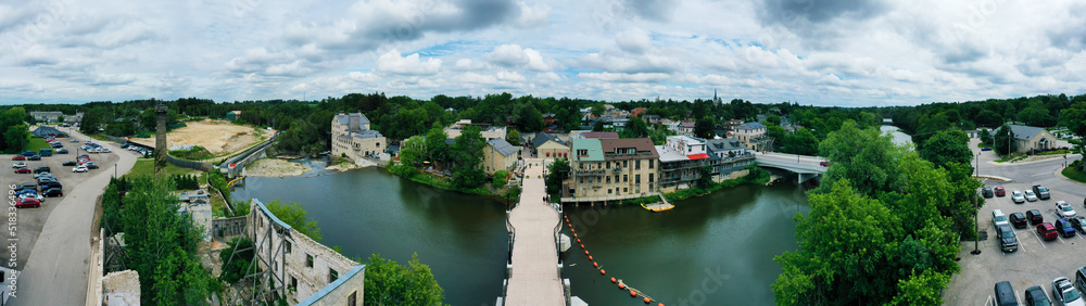 Aerial panorama view of Elora, Ontario, Canada