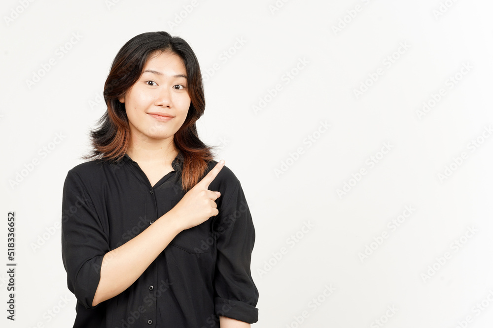 Showing Product and Pointing Side of Beautiful Asian Woman Isolated On White Background Showing Product and Pointing Side of Beautiful Asian Woman Isolated On White Background