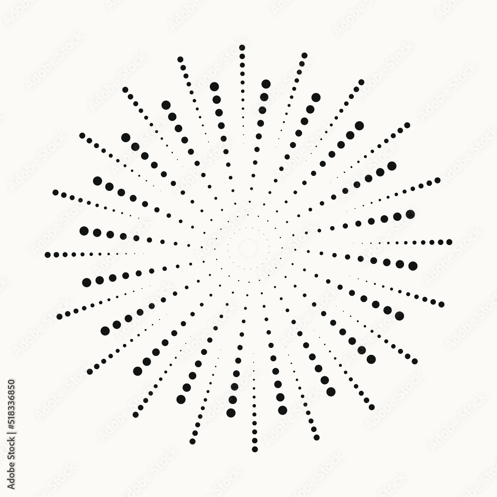 Radial halftone dots in Circle Form. Dotted fireworks explosion background. Starburst round Logo. Circular Design element. Abstract Geometric star rays. Radial halftone dots in Circle Form. Dotted fireworks explosion background. Starburst round Logo. Circular Design element. Abstract Geometric star rays.