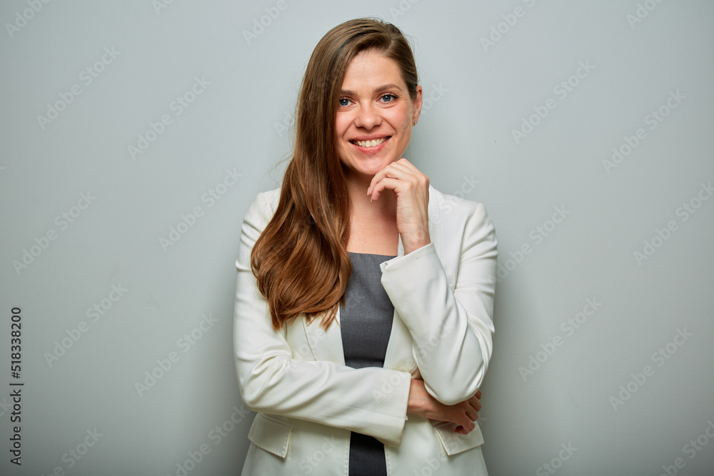 Happy thinking business woman in white suit isolated portrait. Happy thinking business woman in white suit isolated portrait.