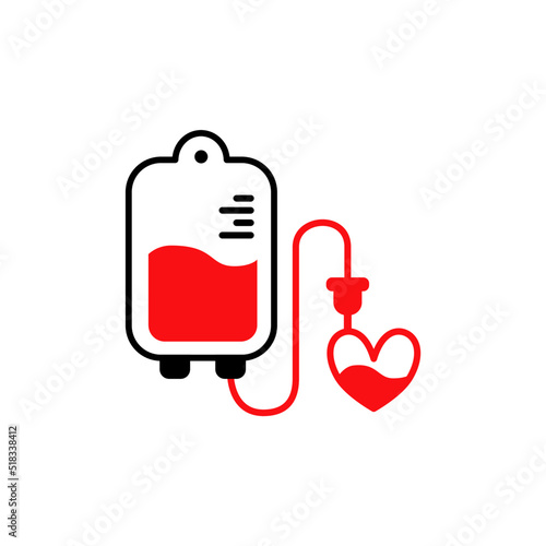 Blood bag with drop line and a heart shape fill.