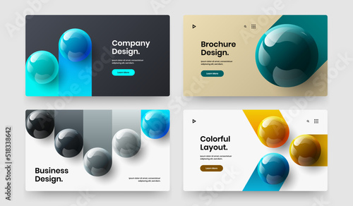 Vivid realistic spheres front page concept composition. Trendy company brochure design vector template collection.