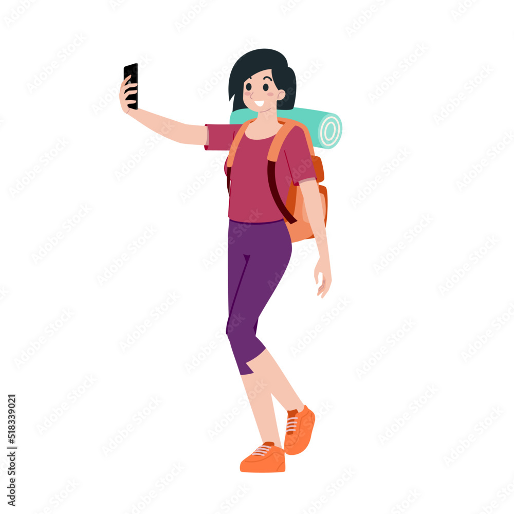 Young happy woman tourist flat cartoon character. Traveling people on summer vacation trip, Isolated on white background. Young happy woman tourist flat cartoon character. Traveling people on summer vacation trip, Isolated on white background.
