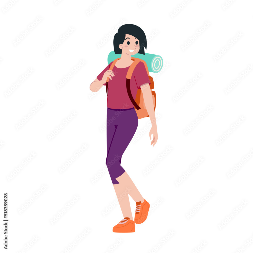 Young happy woman tourist flat cartoon character. Traveling people on summer vacation trip, Isolated on white background. Young happy woman tourist flat cartoon character. Traveling people on summer vacation trip, Isolated on white background.
