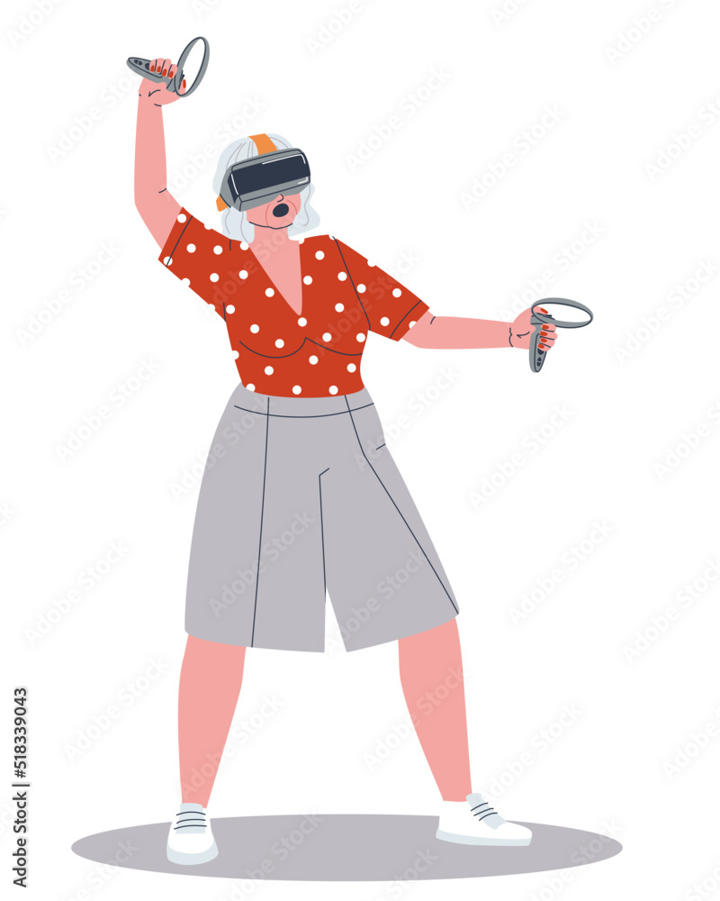 An elderly woman is actively playing a virtual game in virtual reality glasses. Grandmother uses augmented reality technology. Stylish flat vector illustration, eps10 An elderly woman is actively playing a virtual game in virtual reality glasses. Grandmother uses augmented reality technology. Stylish flat vector illustration, eps10