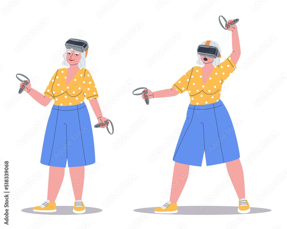 Grandmother uses augmented reality technology. An elderly woman is actively playing a virtual game in virtual reality glasses. Stylish flat vector illustration, eps10 Grandmother uses augmented reality technology. An elderly woman is actively playing a virtual game in virtual reality glasses. Stylish flat vector illustration, eps10