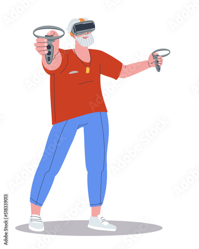 An elderly man is wearing augmented reality glasses. VR glasses and joysticks in the hands of my grandfather. Stylish flat vector illustration, eps10