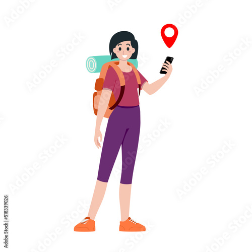 Young happy woman tourist flat cartoon character. Traveling people on summer vacation trip, Isolated on white background.